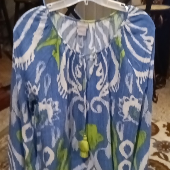 FINAL PRICE CHICO'S pea green multi-colored l/s blouse/elastic cuffs tassel tie - Picture 2 of 5